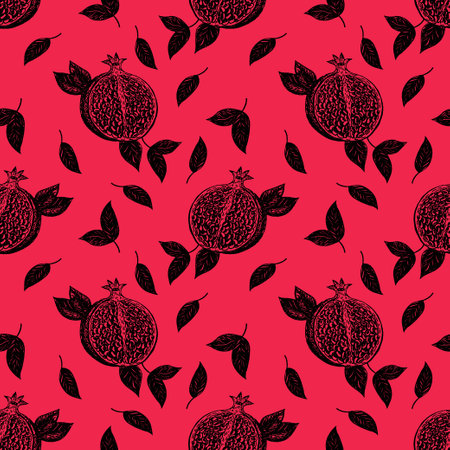 Seamless pattern with pomegranate fruits on a red background. Stock illustration on a horticultural theme. It is used for menus, advertisements and covers, packaging paper, food illustrations. Vector illustrationのイラスト素材