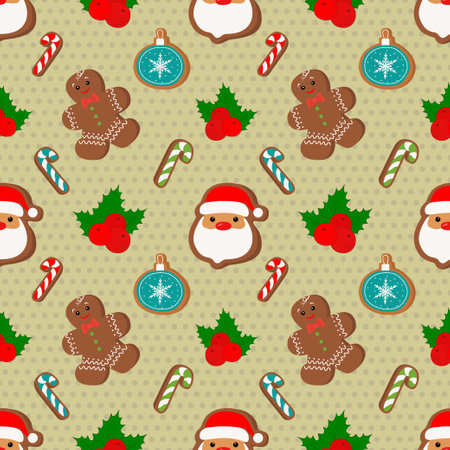 Winter Christmas seamless pattern with gingerbread Santa Claus and cookies on a light background. Symbols of a Happy New Year and Christmas. Home decorations, gift wrapping paper, covers, fabrics. Vector illustrationのイラスト素材