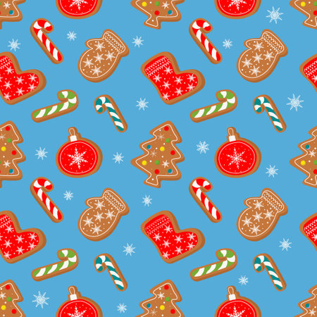 Vector seamless pattern with gingerbread and cookies on a blue background. Winter Christmas pattern. Symbols of a Happy New Year and Christmas. Home decorations, gift wrapping paper, covers, fabrics.のイラスト素材
