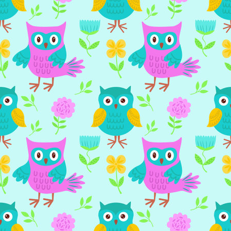Vector seamless pattern with bright owls. Vector illustration with owls for children. It is used for printing on childrens fabrics, packaging, wallpaper, textiles, design. Vector illustrationのイラスト素材