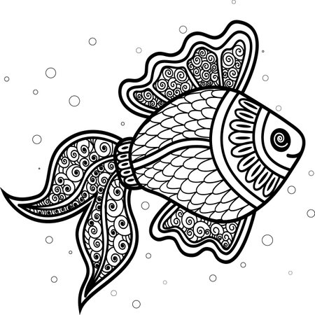 Black and white vector illustration of a fish. Vector illustration of a carp.An idea for a logo, fashion illustrations, magazines, printing on clothes, advertising, tattoo sketch or mehendi.のイラスト素材