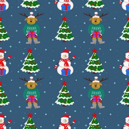 Christmas seamless pattern with snowman, Christmas tree, deer with gifts on a blue background. Winter pattern for wrapping paper and packaging, Christmas cards, web page background.Vector illustrationのイラスト素材