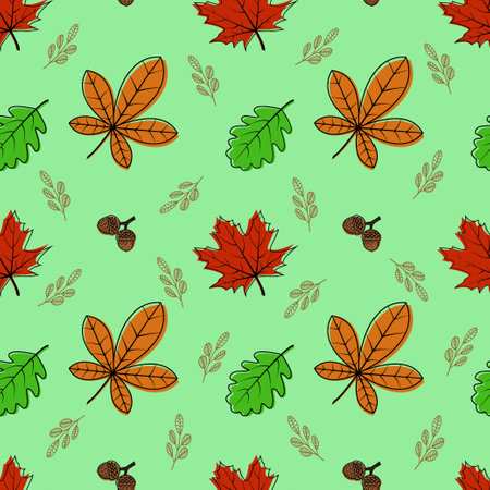 Vector seamless pattern with autumn elements, acorns, various leaves. Bright, repetitive texture for the autumn season. It is used for wrapping paper, packaging, wallpaper, books, design. Vectorのイラスト素材