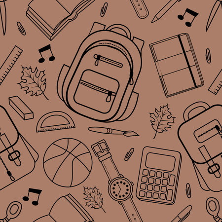 Vector seamless pattern with school supplies. School supplies. Backpack, brush, scissors, rulers, erasers, pencils. It is used for childrens posters, packaging, textiles, web design, postcards.のイラスト素材