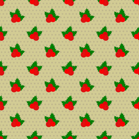 Christmas elements made of holly leaves and berry branches with snowflakes. Vector seamless pattern. Design for the greeting background of winter holidays, wrapping paper and New Year's cards. Vector illustrationのイラスト素材