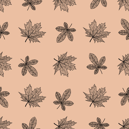 Seamless pattern with oak and maple leaves . Leaves with a beautiful ornament. Vector isolated background. Texture for textiles or wrapping paper, wallpaper, autumn pattern. Vector illustrationのイラスト素材
