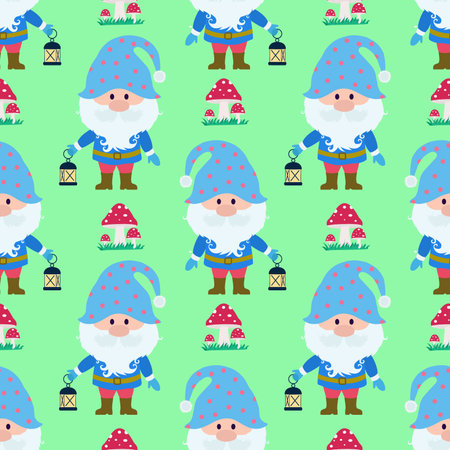 Vector seamless pattern with the image of a gnome, a lantern and stars. Seamless vector printing on childrens fabrics, wallpaper, textiles, packaging, design. Vector illustrationのイラスト素材
