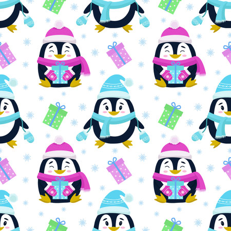 Vector seamless pattern with the image of penguins, gifts and snowflakes. Seamless vector printing on childrens fabrics, wallpaper, textiles, packaging, design.のイラスト素材
