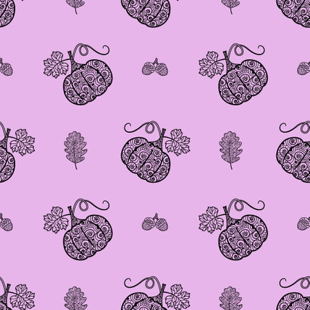 Seamless vector pattern with pumpkins and leaves. It is used for fabric making, wrapping paper, design and wallpaper. Vegetable autumn background of pumpkins and leaves. Beautiful ornament.Flat styleのイラスト素材