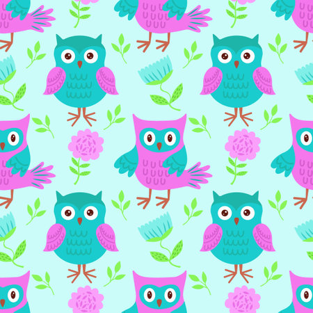 Vector seamless pattern with bright owls. Vector illustration with owls for children. It is used for printing on childrens fabrics, packaging, wallpaper, textiles, design. Vector illustrationのイラスト素材