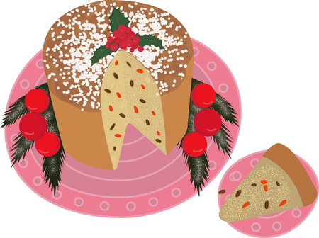 Christmas traditional sweet bread cake Panettone.Italian Panettone Christmas cake. Traditional sweet bread. Colorful cartoon-style illustration for a cafe, bakery, restaurant menu or logo and label. Vector illustrationのイラスト素材