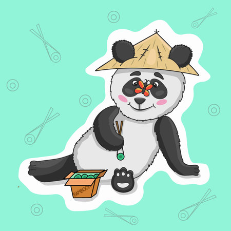 Vector illustration of a cute panda that eats bamboo.Flat cartoon style. Suitable for sticker, mascot sticker and t-shirt design, web design. Vector illustrationのイラスト素材