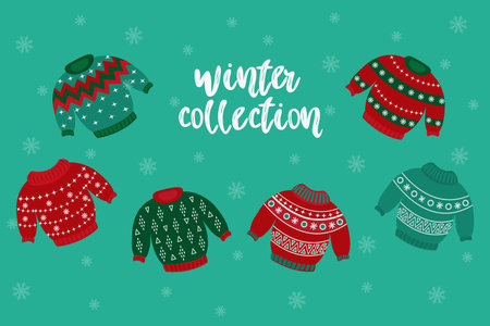 A set of traditional Christmas sweaters and jumpers. Vector isolated illustration of sweaters for a Christmas party. Warm knitted jumpers with snowflakes and ornaments. Winter collection.のイラスト素材