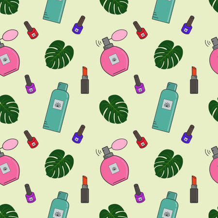Vector seamless pattern of cosmetics.Creams,lipstick, nail polish, face masks. Cosmetics store, beauty salon, postcard design,prints made of wrapping paper and packaging.Sketch a fashionable bannerのイラスト素材