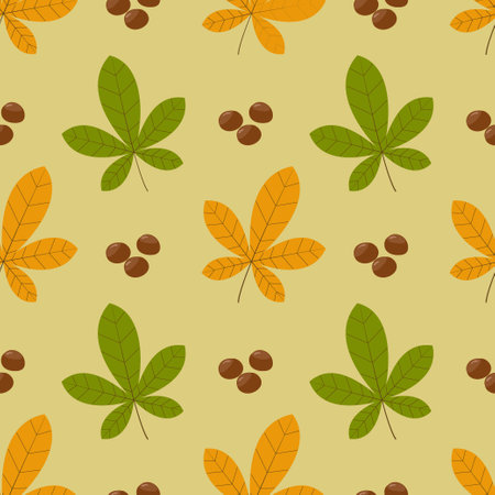 Vector seamless pattern with autumn elements, chestnuts and maple leaves. Bright, repetitive texture for the autumn season. It is used for wrapping paper, packaging, wallpaper, books, design. Vector illustrationのイラスト素材