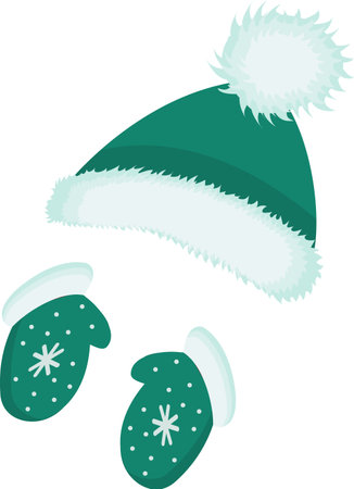 Vector illustration of knitted mittens and a winter hat with a pompom. Detailed hat and mittens. Vector illustration of winter fashionable warm clothes. Vector illustrationのイラスト素材