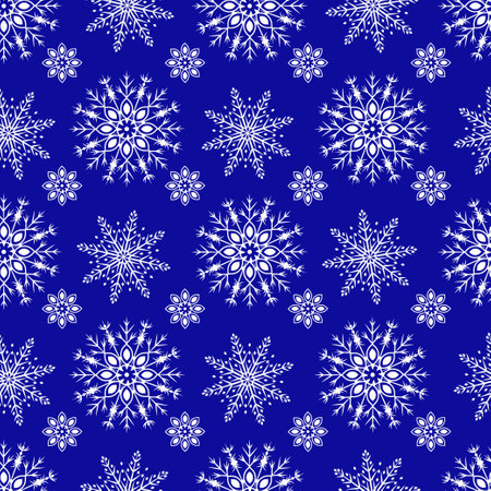 Vector pattern with snowflakes on a blue background. Seamless pattern for New Year and Christmas. Suitable for background and wrapping paper, fabric in winter version. Vintage decorative elements.のイラスト素材