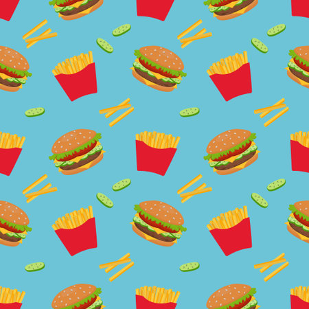 Seamless vector pattern of hamburger and French fries. For printing, wrapping paper, restaurant menus, packaging, books, postcards, magazine covers, web pages, fabrics, textiles, grocery stores. Vector illustrationの写真素材