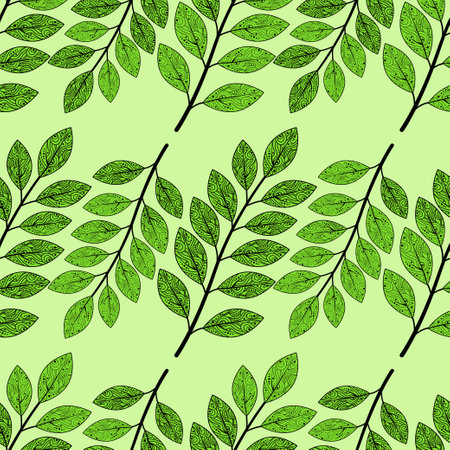 Vector seamless pattern of green leaves. Green foliage with a beautiful ornament. Bright seamless pattern with beautiful leaves. Autumn illustration. Vector illustrationのイラスト素材