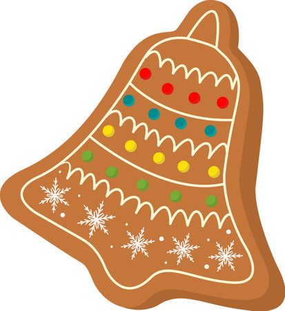 Festive cookies in the shape of a bell with icing and snowflakes. Christmas sweets and treats. Happy New Year and Christmas decoration.Celebrating New Year and Christmas.のイラスト素材