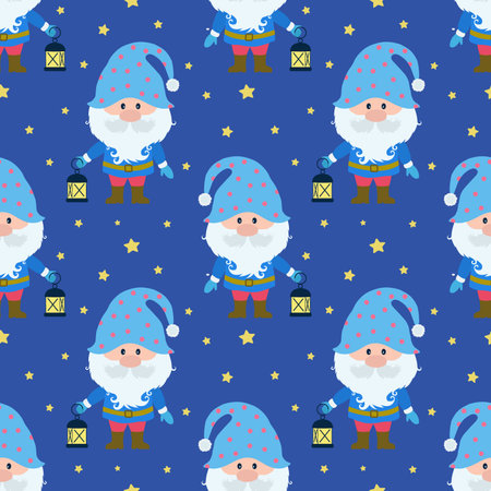 Vector seamless pattern with the image of a gnome, a lantern and stars. Seamless vector printing on childrens fabrics, wallpaper, textiles, packaging, design. Vector illustrationのイラスト素材