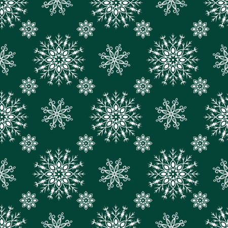 Vector pattern with snowflakes on a green background. Seamless pattern for New Year and Christmas. Suitable for background and wrapping paper, fabric in winter version. Vintage decorative elements.のイラスト素材