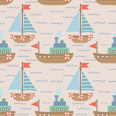 Seamless vector pattern with hand-drawn sailing yachts, ships and the sea wave. Summer bright background for fabric design. Vector illustration. Vector illustrationのイラスト素材