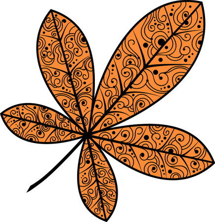Vector illustration of a chestnut leaf.Autumn illustration of a leaf with an ornament.An idea for a logo, fashion illustrations, magazines, printing on clothes, advertising, tattoo sketch or mehendi. Vector illustrationのイラスト素材