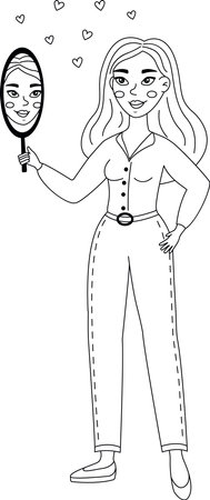 A hand-drawn vector illustration of a young woman looking lovingly at her reflection in the mirror. Cartoon flat style. Black and white illustration. Vector illustrationのイラスト素材