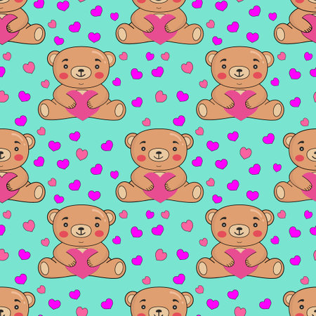 Seamless pattern with teddy bears and hearts. Perfect for Valentines Day, Birthday, wedding cards, wrapping paper, background, wallpaper, textile design. Vector illustrationのイラスト素材