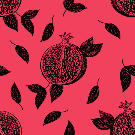 Seamless pattern with pomegranate fruits on a red background. Stock illustration on a horticultural theme. It is used for menus, advertisements and covers, packaging paper, food illustrations. Vector illustrationのイラスト素材