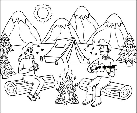 Vector illustration of camping. Graphic black and white mountain landscape with a tent and a campfire. Campfire camp. A man and a woman are warming themselves by the fireplace and playing the guitar. Vector illustrationのイラスト素材