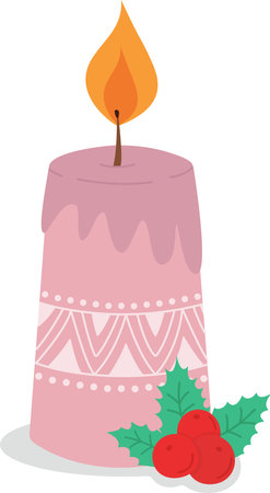 Pink Christmas candle with a pattern isolated on a white background. Festive illustration with a burning candle decorated with Christmas berries. Vector illustration in a fashionable style. Vector illustrationのイラスト素材