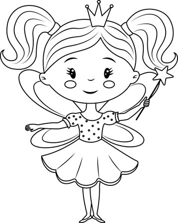 A fairy tale fairy in a princess crown with a magic wand. Vector black and white illustration. An image as a design element isolated from the background. Children's illustration, coloring book. Vector illustrationのイラスト素材