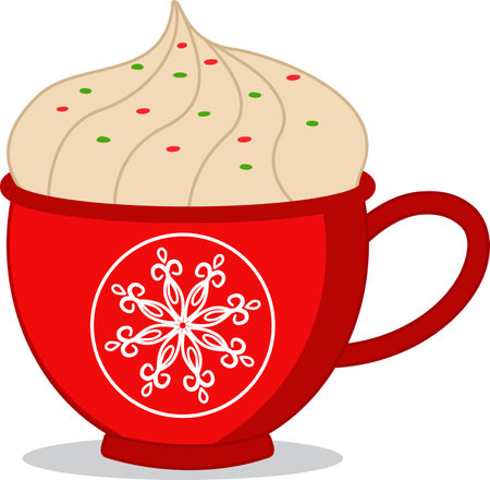 Hot chocolate with marshmallows in a red cup for Christmas. Merry Christmas and New Year cup with sweets. Elements of vector design.Suitable for Christmas design and coloring, advertising, postcards. Vector illustrationのイラスト素材