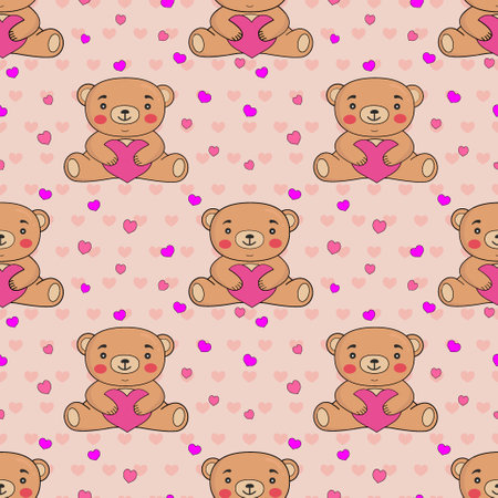 Seamless pattern with teddy bears and hearts. Perfect for Valentines Day, Birthday, wedding cards, wrapping paper, background, wallpaper, textile design. Vector illustrationのイラスト素材