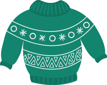 Christmas sweater or jumper with winter patterns with snowflakes. Knitted woolen warm pullover in blue tones. Vector hand-drawn illustration in cartoon style. Winter fashion.のイラスト素材