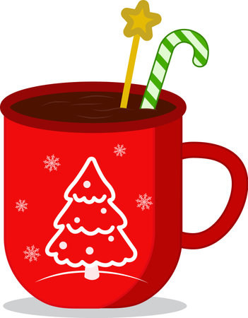 Hot chocolate with lollipops in a red cup for Christmas. Merry Christmas and New Year cup with sweets. Elements of vector design.Suitable for Christmas design and coloring, advertising, postcards. Vector illustrationのイラスト素材