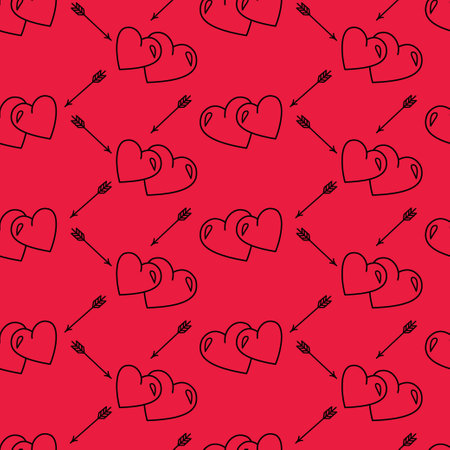 Vector pattern with hearts and arrows. Hearts and arrows on a red background. Vector seamless pattern. Vector illustrationのイラスト素材