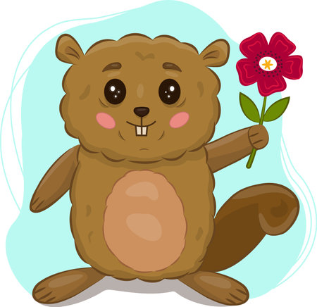 Vector illustration of a beaver with a flower. Cartoon character for Birthday and Valentines Day. Template for greeting cards, birthday greetings, Internet,mobile devices and infographics.A talisman. Vector illustrationのイラスト素材