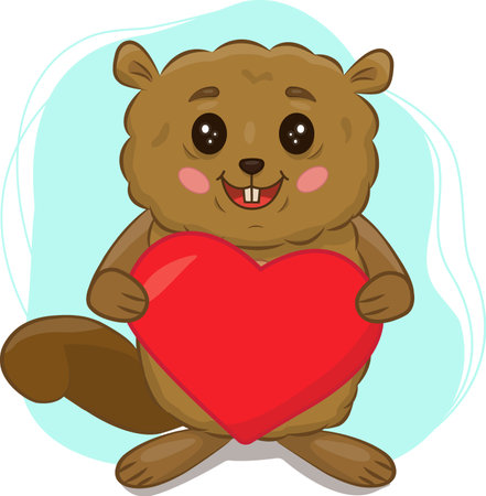 Vector illustration of a beaver with a heart. Cartoon character for Valentines Day. A template for greeting cards, greetings, the Internet, mobile devices and infographics. Mascot. Vector illustrationのイラスト素材
