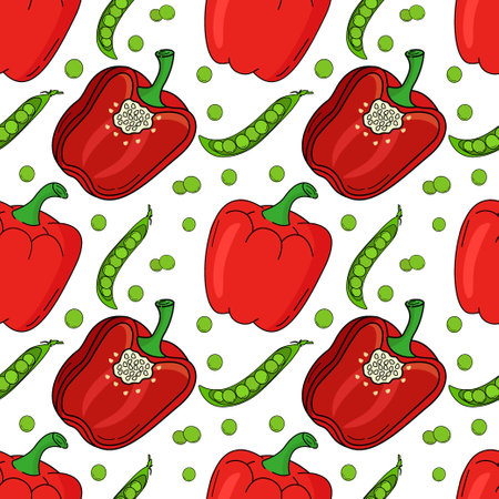 Vector pattern of bell peppers and peas. Design elements for menus, advertisements and covers, childrens books, illustrations for food and dishes.Vector of vegetables. Vegetarian food. Vector illustrationのイラスト素材