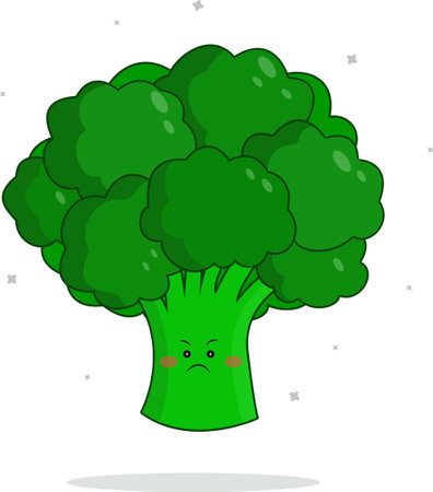Broccoli with an angry expression on his face. Vector symbol on a white background. Sad broccoli. Vector illustrationのイラスト素材