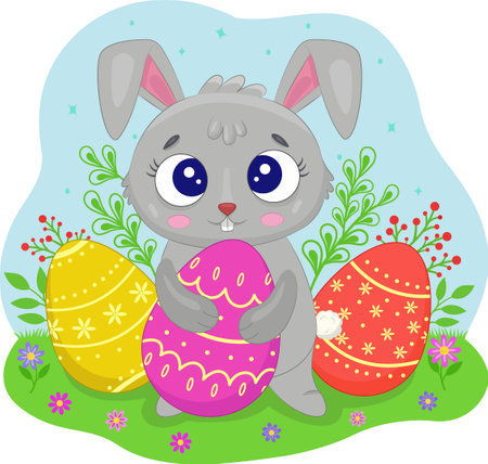 Funny Easter bunny with eggs vector cartoon illustration isolated in the background. Vector illustration. Vector illustrationのイラスト素材