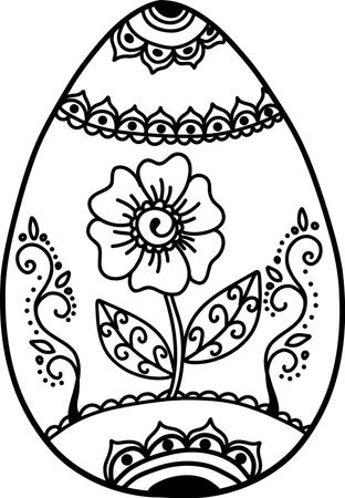 Black and white Easter egg with a beautiful pattern. Vector illustration of an Easter egg in mandala style. Detailed pattern of black contour flowers on a white backgroundのイラスト素材