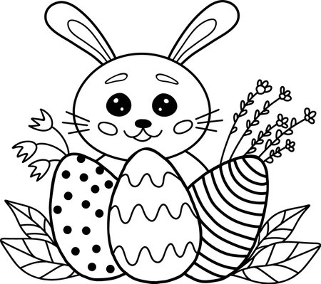 Easter bunny with an Easter egg. Black and white vector illustration for coloring. Detailed pattern of black contour flowers on a white background. Vector illustrationのイラスト素材