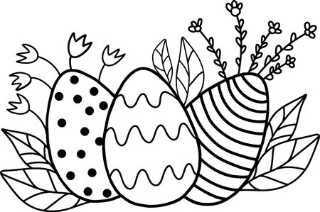 Black and white Easter eggs with a beautiful pattern and flowers. Vector illustration of Easter eggs in mandala style with a detailed pattern, children is Easter coloring book. Vector illustrationのイラスト素材