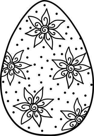 Black and white Easter egg with a beautiful pattern. Vector illustration of an Easter egg in mandala style. Detailed pattern of black contour flowers on a white background. Vector illustrationのイラスト素材