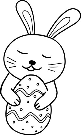 Easter bunny with an Easter egg. Black and white vector illustration for coloring. Detailed pattern of black contour flowers on a white background. Childrens illustration for coloring. Vector illustrationのイラスト素材