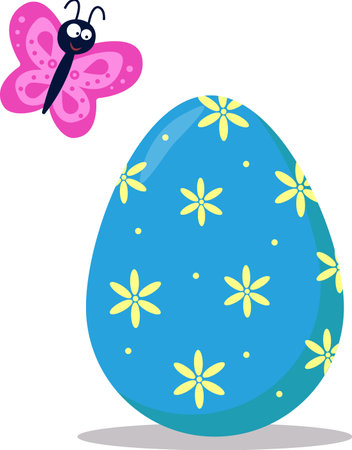Vector illustration of an Easter blue egg and a butterfly. Beautiful butterfly and Easter egg with a beautiful pattern. Vector isolated drawing.Postcard.A flat illustration drawn by hand. Vector illustrationのイラスト素材